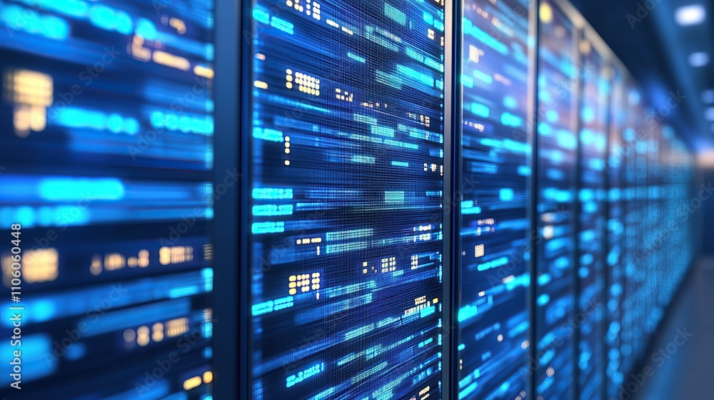 Futuristic server racks with glowing code displays, showcasing advanced technology in a modern data center. Futuristic server racks with glowing code displays, showcasing advanced technology in a modern data center.