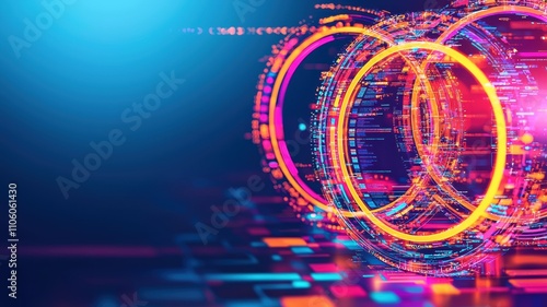 Social Responsibility Corporate Governance concept. Infographic-inspired concept of overlapping corporate values, illustrated as glowing Venn diagrams in a high-tech setting
