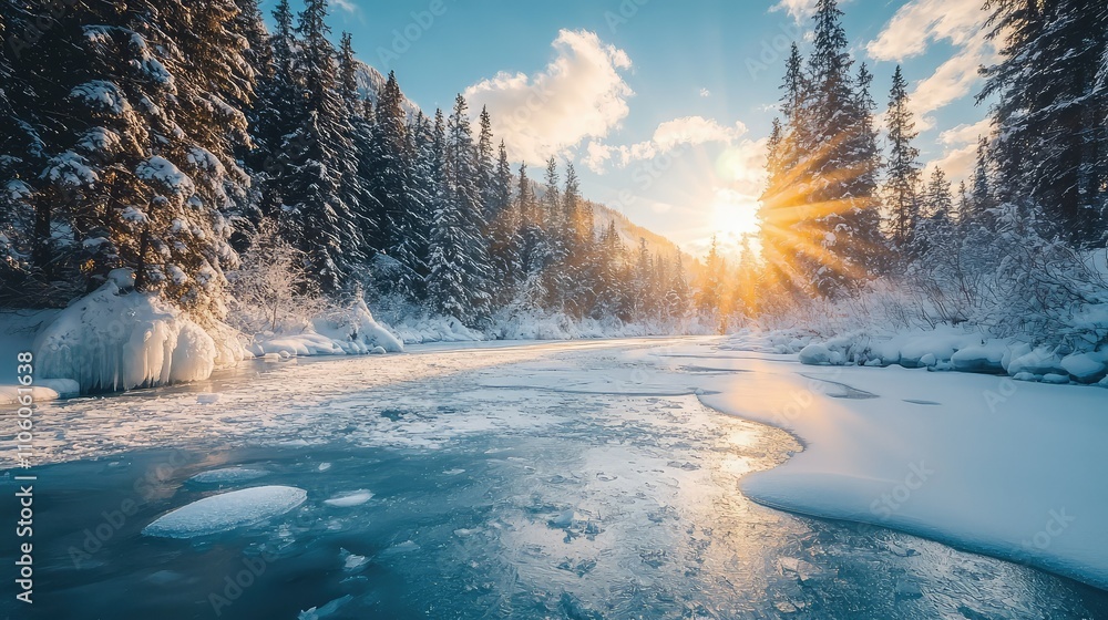 Stunning Frozen Northern River with Jagged Ice Formations Under a Bright Sunrise Surrounded by Snowy Trees and Captivating Winter Landscape Stunning Frozen Northern River with Jagged Ice Formations Under a Bright Sunrise Surrounded by Snowy Trees and Captivating Winter Landscape