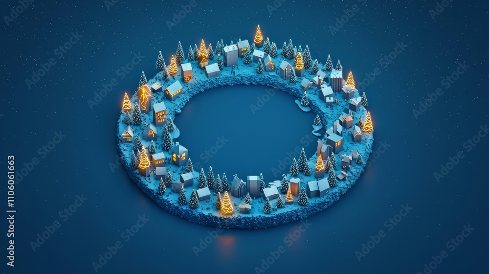 Winter village with glowing lights in forest. Winter village with glowing lights in forest.