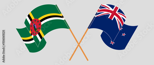 Crossed and waving flags of Dominica and New Zealand. Vector illustration