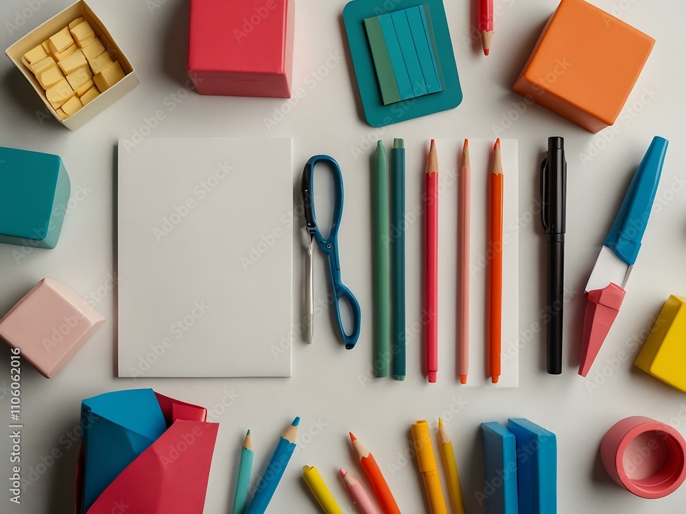 Flat lay of colorful stationery items on white background. Flat lay of colorful stationery items on white background.
