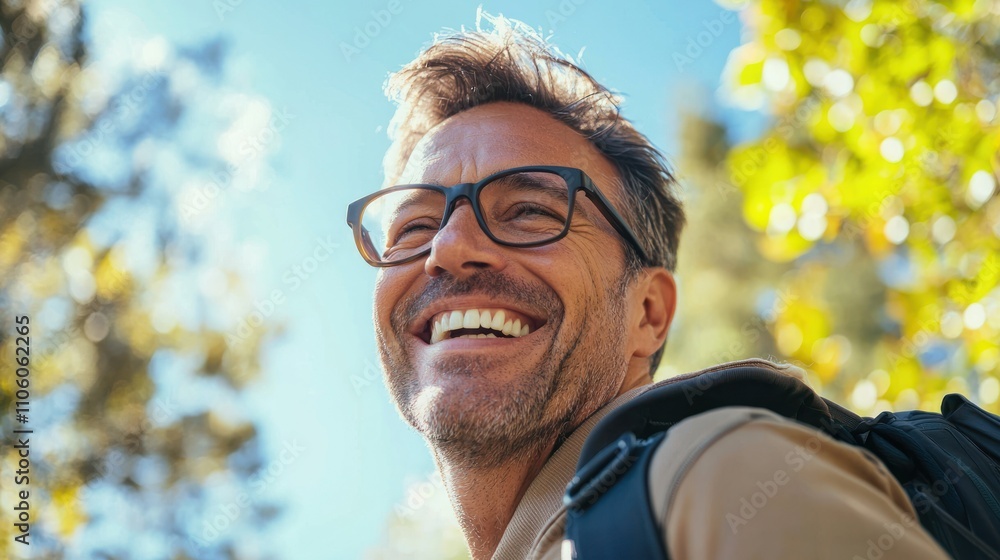 Obraz premium A dynamic image of a man smiling while participating in an outdoor activity, capturing joy and spontaneity