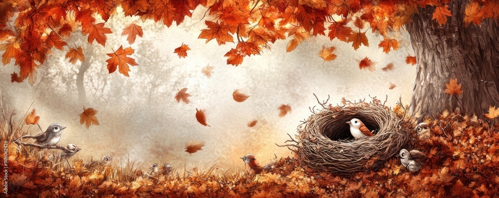 Fototapeta premium A serene autumn scene with birds and a nest amidst falling leaves.