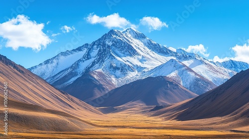 Snowy peaks towering over golden valley under blue sky