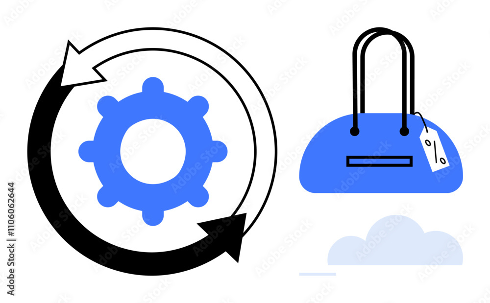 Gear surrounded by black and white circular arrows next to blue handbag with price tag and cloud. Ideal for shopping, retail, commerce, technology, process, innovation, marketing. Line metaphor Gear surrounded by black and white circular arrows next to blue handbag with price tag and cloud. Ideal for shopping, retail, commerce, technology, process, innovation, marketing. Line metaphor