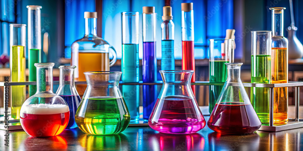 A variety of glass containers filled with vibrant colored liquids are arranged on a laboratory table. The atmosphere is bright with natural light coming through windows, highlighting the experiment A variety of glass containers filled with vibrant colored liquids are arranged on a laboratory table. The atmosphere is bright with natural light coming through windows, highlighting the experiment