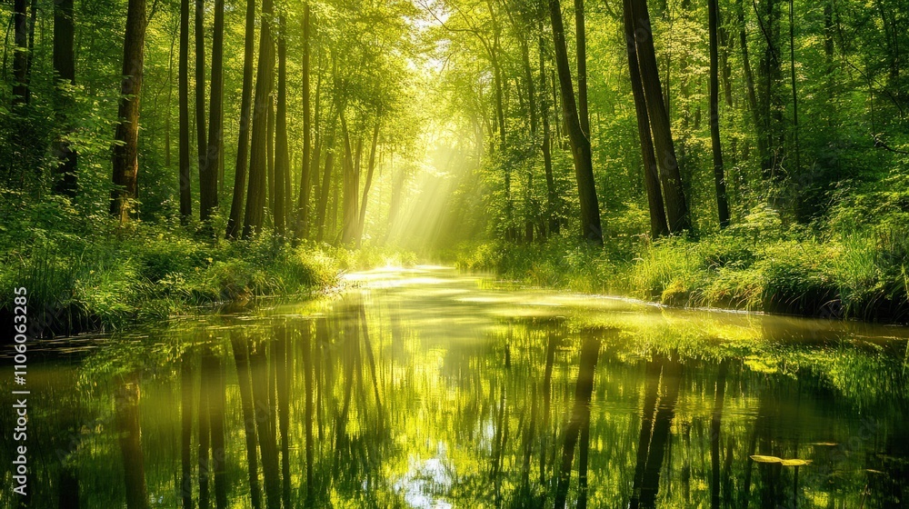Serene forest river in the early morning, soft mist over the water, sunlight filtering through tall trees, reflecting in the still river, peaceful natural beauty Serene forest river in the early morning, soft mist over the water, sunlight filtering through tall trees, reflecting in the still river, peaceful natural beauty