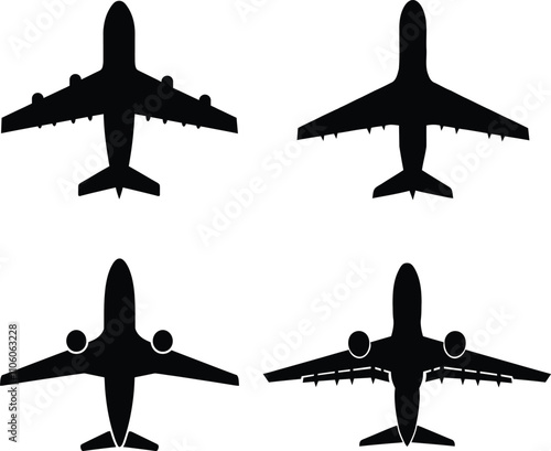 Set of 4 airplane silhouette top view vector illustration. Black airplane icon isolated on white background.