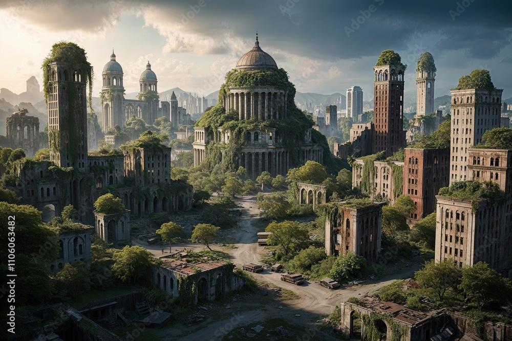 Obraz premium Lush Metropolis in Ruins with Thriving Vegetation and Urban Decay