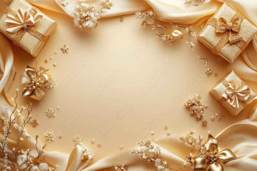 Golden Christmas background adorned with gift boxes and bows, creating a festive and elegant holiday setting. Golden Christmas background adorned with gift boxes and bows, creating a festive and elegant holiday setting.
