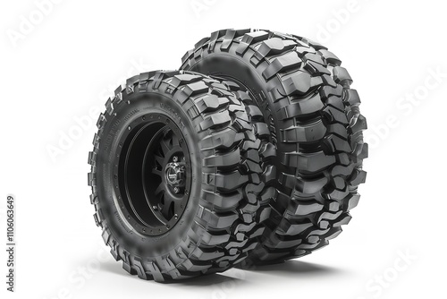 Extremely durable black off-road tires with tough tread patterns that are made to function well on a variety of surfaces. Perfect for those who love adventure, Generative AI. photo