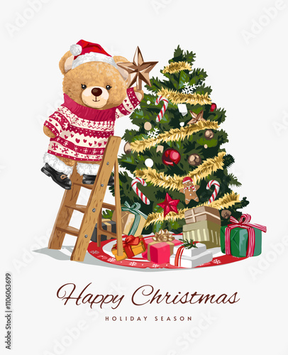 happy Christmas card with cute bear doll decorating Christmas tree vector illustration