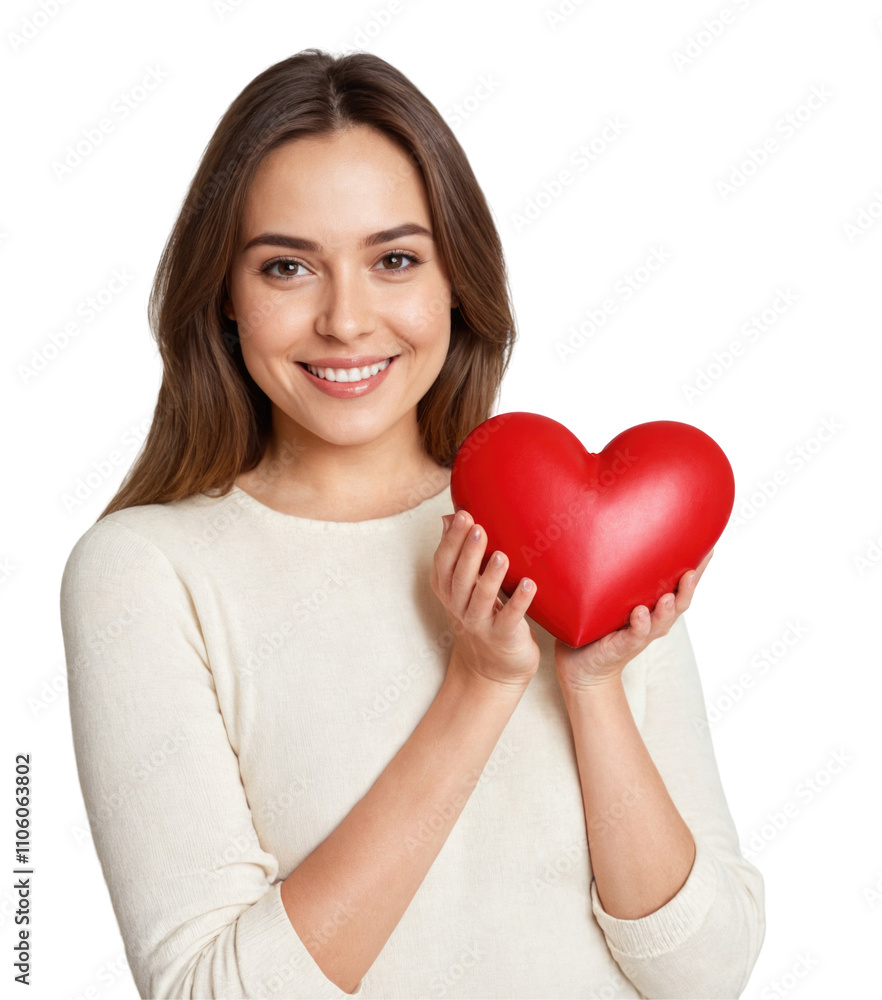 Smile cute Woman in holding heart shape, Valentine day. PNG isolated on transparent background Smile cute Woman in holding heart shape, Valentine day. PNG isolated on transparent background
