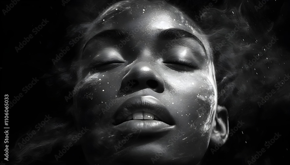 Tranquil woman with closed eyes and starry effect on ethereal dark background, dreamscape Tranquil woman with closed eyes and starry effect on ethereal dark background, dreamscape