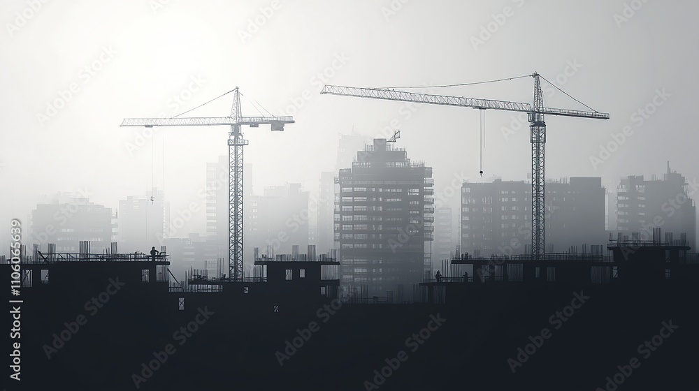Silhouetted construction cranes against a foggy city skyline. Silhouetted construction cranes against a foggy city skyline.