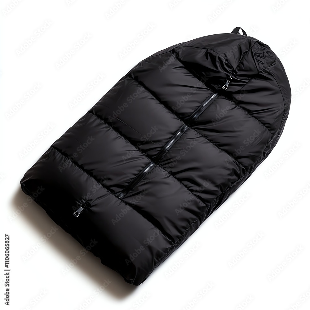 Black puffer sleeping bag, sleek design, isolated on a white background. Black puffer sleeping bag, sleek design, isolated on a white background.