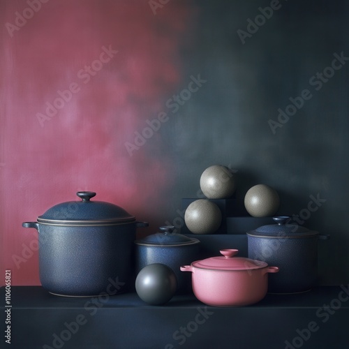 Stylish cookware arrangement with wooden elements.