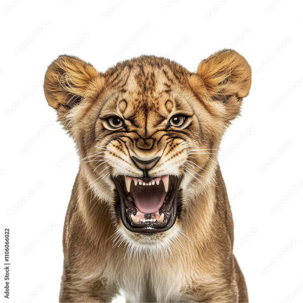 Fototapeta premium Aggressive Lion Cub Portrait Looking Directly at Camera Isolated on Transparent Background