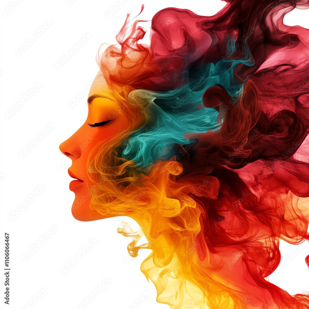Silhouette of a woman's face with colorful smoke representing emotions. Silhouette of a woman's face with colorful smoke representing emotions.
