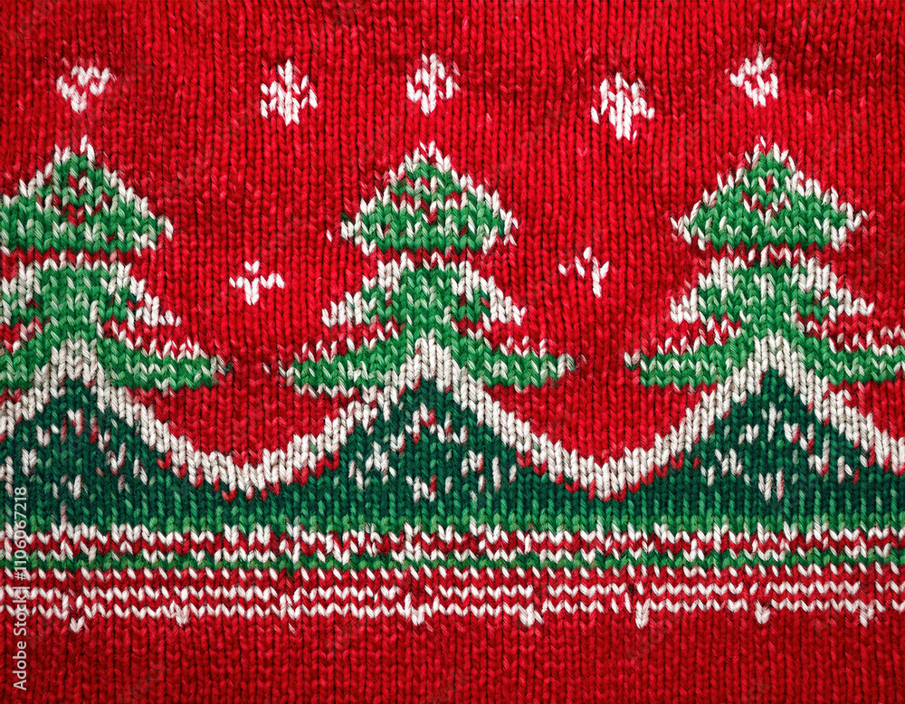 A traditional knitted Christmas pattern featuring green pine trees and white snowflakes against a bright red wool background. A traditional knitted Christmas pattern featuring green pine trees and white snowflakes against a bright red wool background.