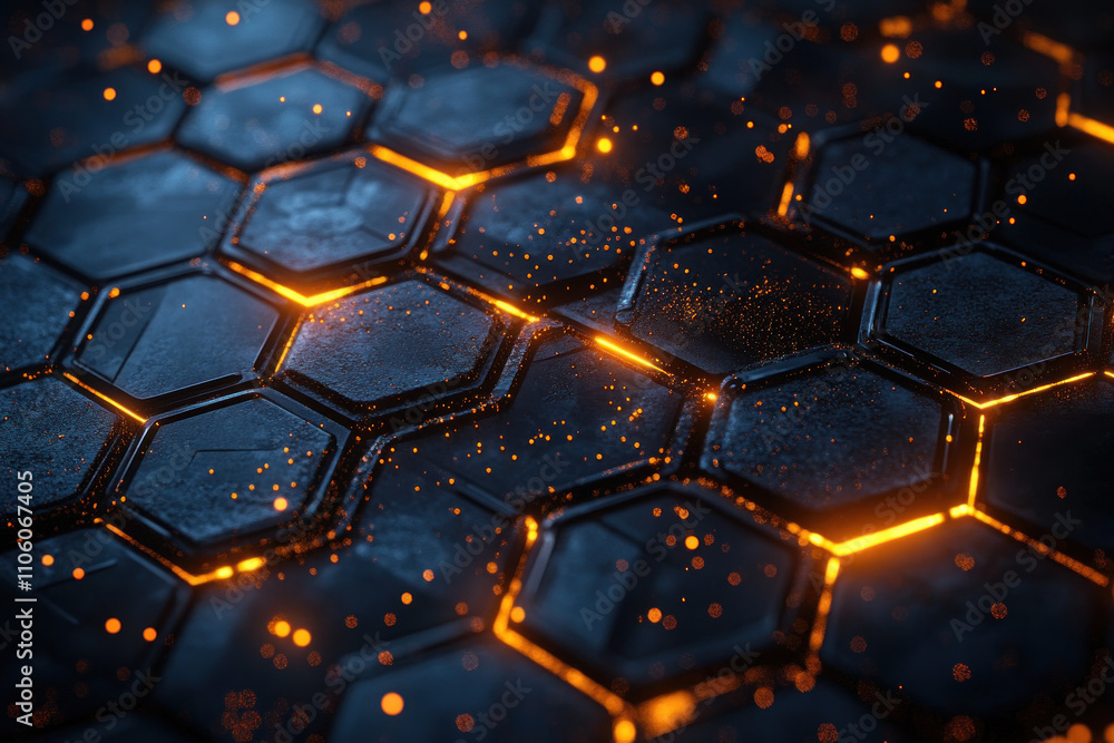 Glowing hexagons floating on a dark background. Glowing hexagons floating on a dark background.