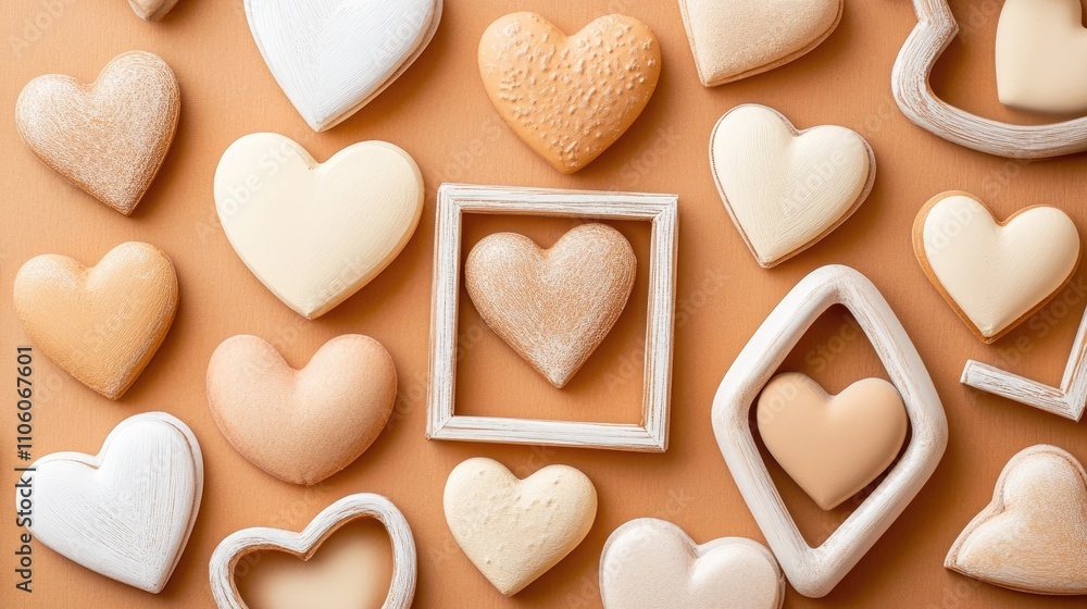 Obraz premium Pastel-toned background with overlapping hearts and neatly aligned blank frames for various creative uses.
