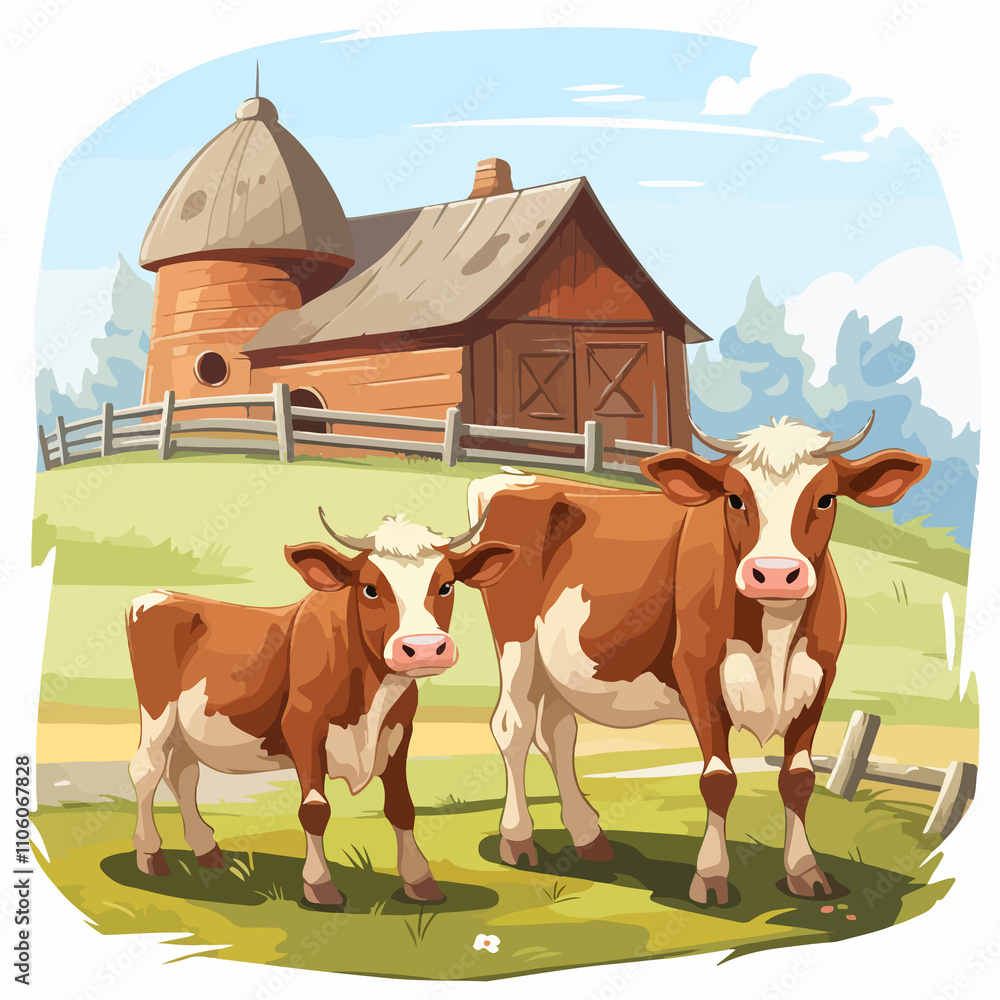 Rural Farm Scene with Two Cows Grazing on Pasture Rural Farm Scene with Two Cows Grazing on Pasture