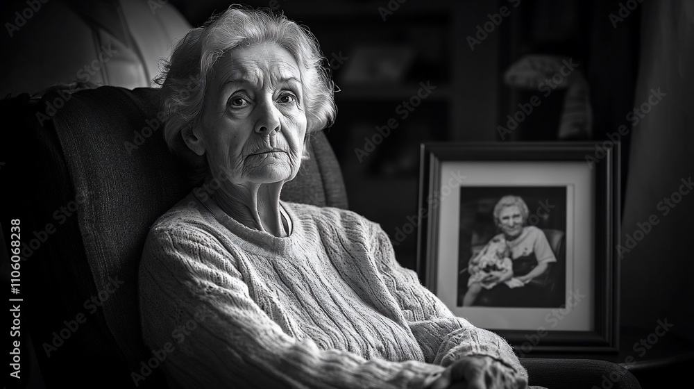 Elderly woman sits pensively, framed photo nearby. Elderly woman sits pensively, framed photo nearby.