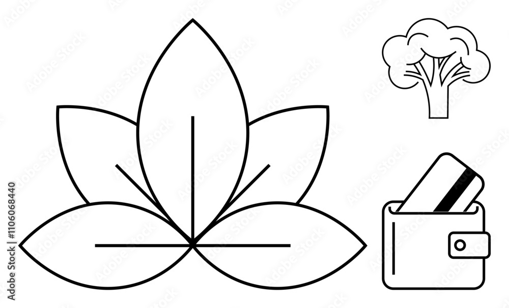 Lotus flower with three petals, tree with branches, wallet holding a card. Ideal for finance, nature, minimalism, eco-friendly, personal finance environmental awareness business. Line metaphor Lotus flower with three petals, tree with branches, wallet holding a card. Ideal for finance, nature, minimalism, eco-friendly, personal finance environmental awareness business. Line metaphor