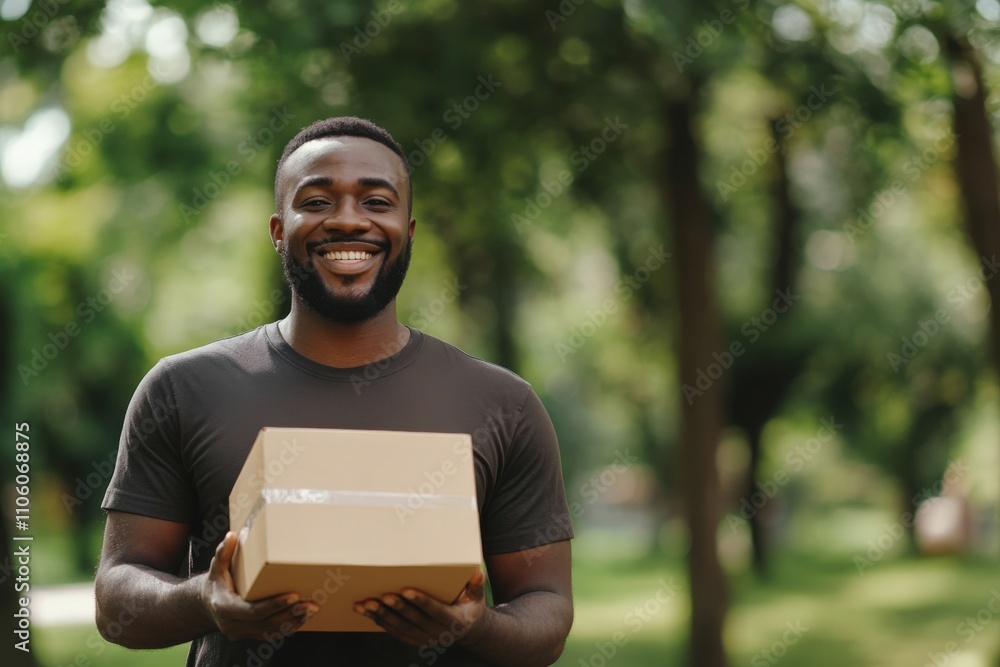Outreach. Black man holding donation box in park for charity and community service Outreach. Black man holding donation box in park for charity and community service