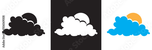 Sunny Cloud Icon. A bold icon depicting the sun behind a cloud, ideal for weather forecasts and digital designs. isolated on white and black  background. Vector illustration. EPS 10