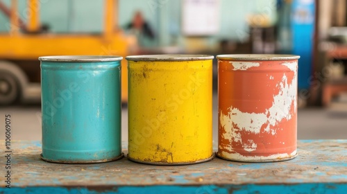 Recovery and cleanup of paint can storage workshop environment industrial setting focus on sustainability and restoration efforts with colorful visuals photo