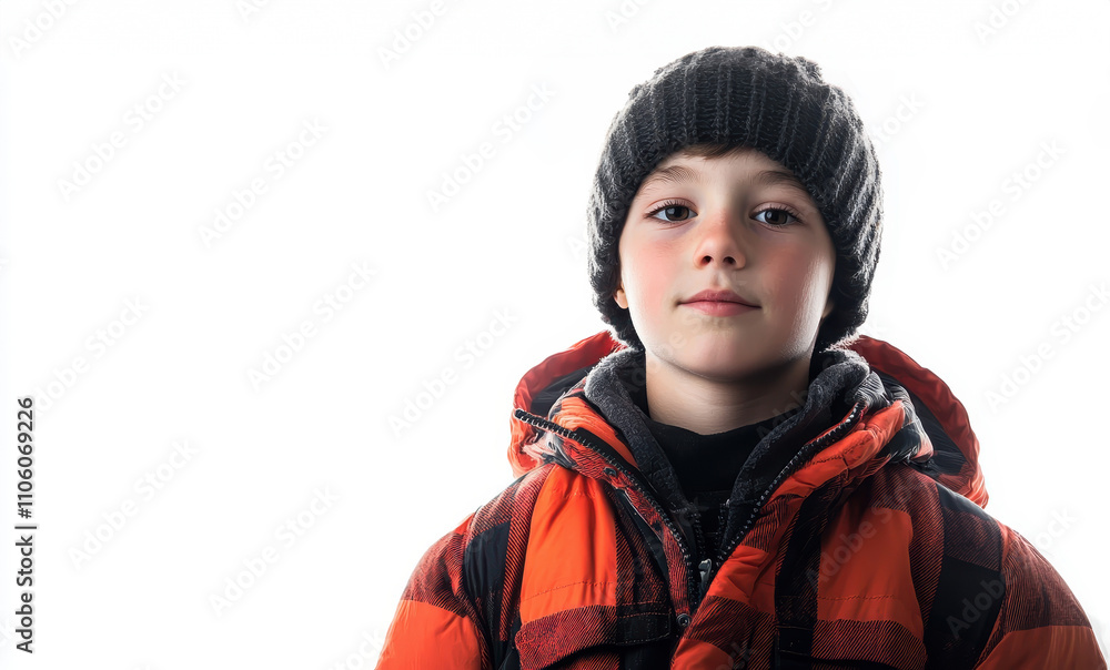 Young boy in winter jacket isolated background Young boy in winter jacket isolated background
