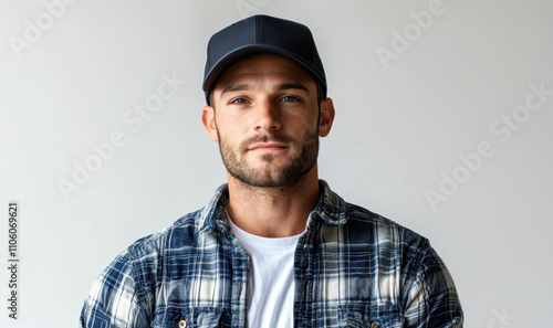 Portrait of a man wearing a cap and a plaid shirt isolated on white background