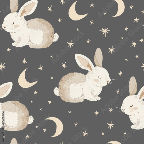 Seamless childish pattern with  cute slepping bunny character, planets, moon, stars. Vector illustration photo