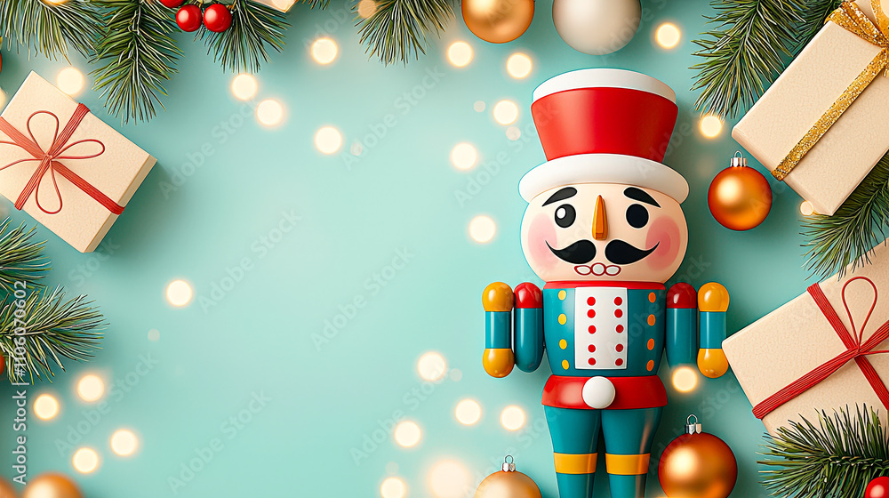 Naklejka premium A colorful nutcracker stands among wrapped gifts and ornaments, surrounded by holiday greenery and soft lights creating a cheerful atmosphere