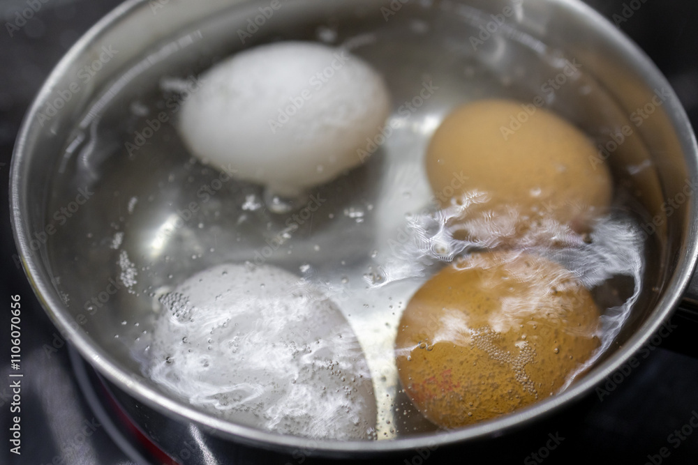 boiling eggs in a stainless steel pot with bubbling water, showing white and brown eggs, close-up kitchen process, healthy cooking, simple preparation boiling eggs in a stainless steel pot with bubbling water, showing white and brown eggs, close-up kitchen process, healthy cooking, simple preparation