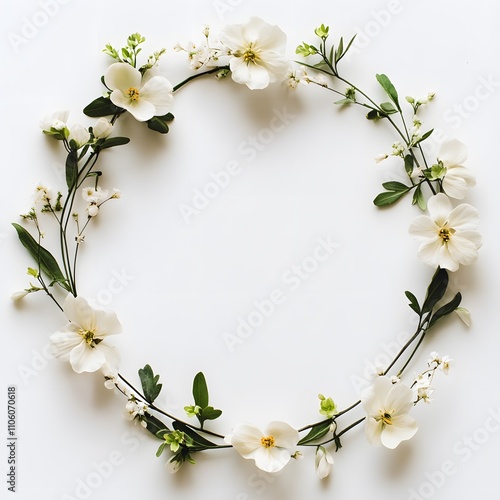 Circular frame of white spring flowers and twigs. Minimal trendy idea with copy space on white background.