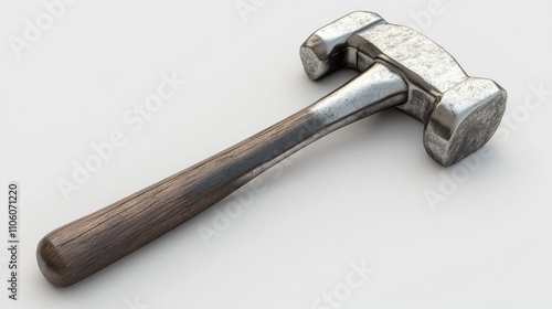 A weathered metal hammer with a dark wood handle photo