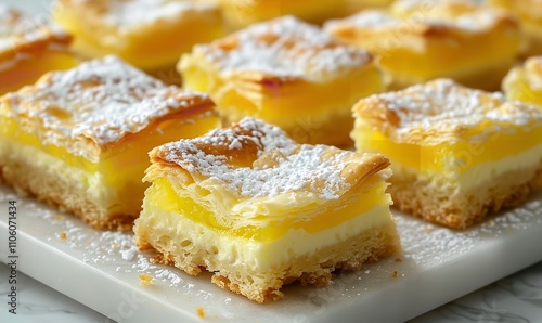 Flaky golden crust and creamy filling make these delectable pastry squares ideal for dessert or as a sweet snack, Generative AI.