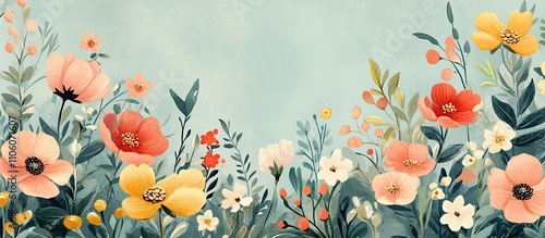 A vibrant floral design featuring various colorful flowers against a soft blue background.