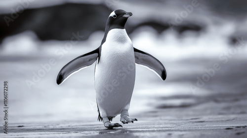 A delightful black and white image of a penguin walking along the shore, showcasing its unique waddle and playful spirit in a serene coastal setting.
