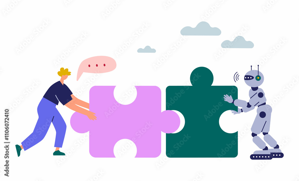 Woman and AI robot connects puzzle together. Human and AI Artificial Intelligence working together. Partnership with a robot concept. Flat cartoon illustration. Woman and AI robot connects puzzle together. Human and AI Artificial Intelligence working together. Partnership with a robot concept. Flat cartoon illustration.
