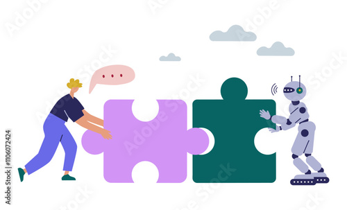 Women and AI robot connects puzzle together. Human and AI Artificial Intelligence working together. Partnership with a robot concept. Flat cartoon vector illustration.