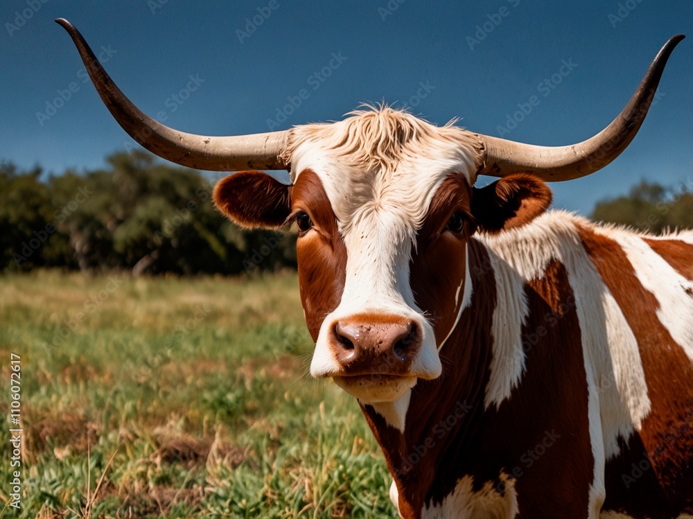 Beautiful close-up portrait of white and brown texas longhorn cow standing on a green field meadow under a clear blue sky. Animal buffalo cattle photography illustration. Beautiful close-up portrait of white and brown texas longhorn cow standing on a green field meadow under a clear blue sky. Animal buffalo cattle photography illustration.