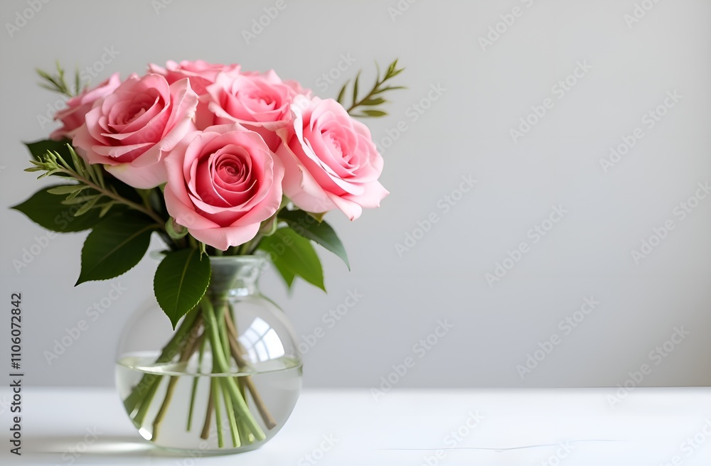 Fototapeta premium Bouquet of pink roses in vase on grey background. Copy space.