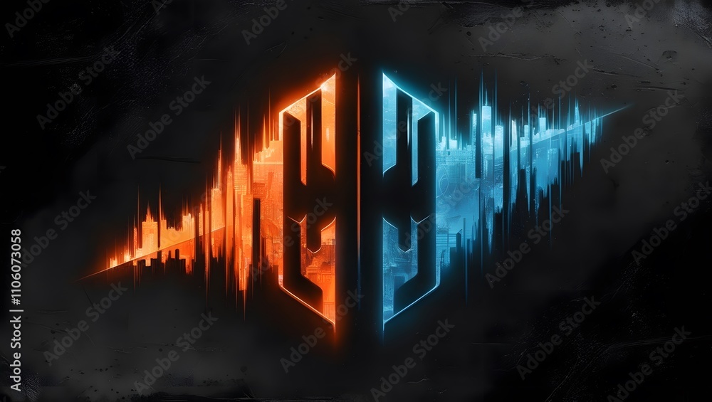 Obraz premium Dark grainy background, orange blue glowing abstract shape black noise texture backdrop wide banner poster header cover.