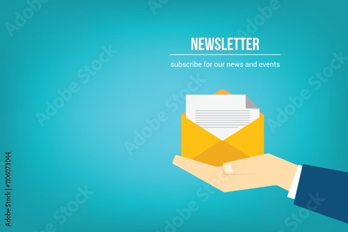 Newsletter. vector illustration of email marketing. subscription to newsletter, news, offers, promotions. a letter and envelope. subscribe, submit. send by mail.	