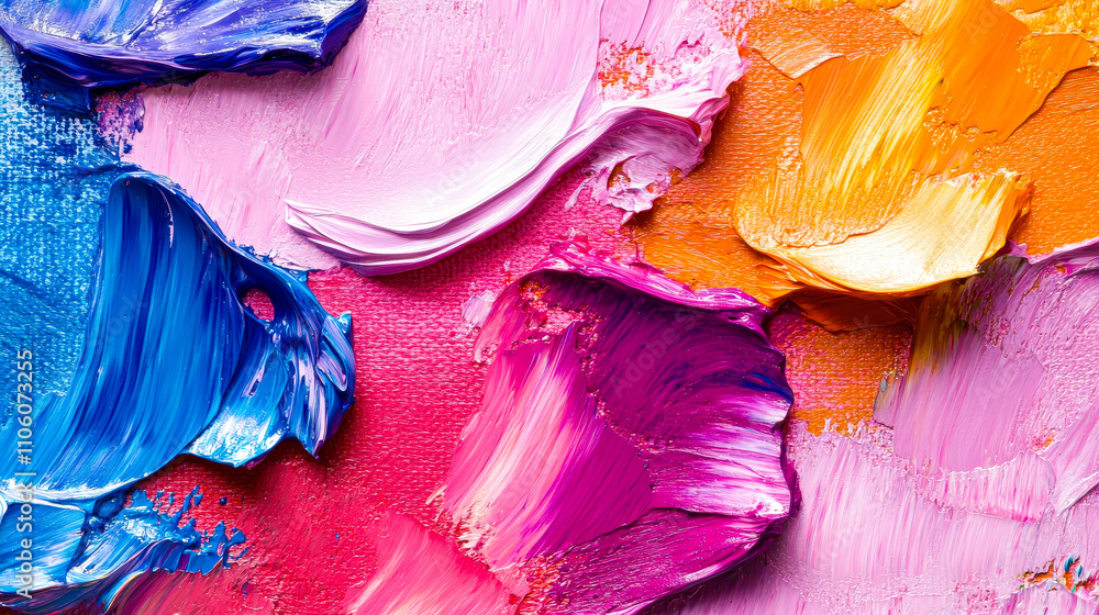 Obraz premium A colorful display of abstract art features thick brushstrokes of blue, pink, orange, and purple layered dynamically on a textured surface, creating an engaging visual experience